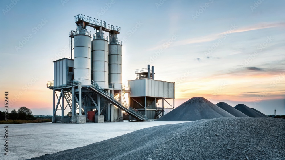 Obraz premium Grey concrete plant in gravel field at sunset