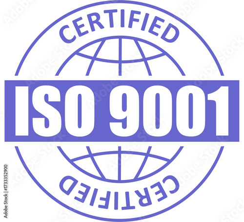 Purple circular seal for ISO 9001 certification, an international standard for quality management systems.