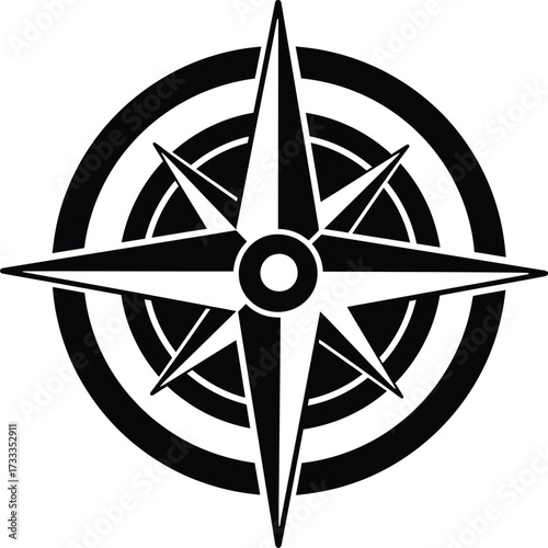 A black and white compass rose design with eight points surrounded by concentric circular lines art silhouette