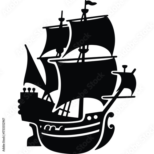 A silhouette of a sailing ship with multiple sails and a detailed hull against a white background design