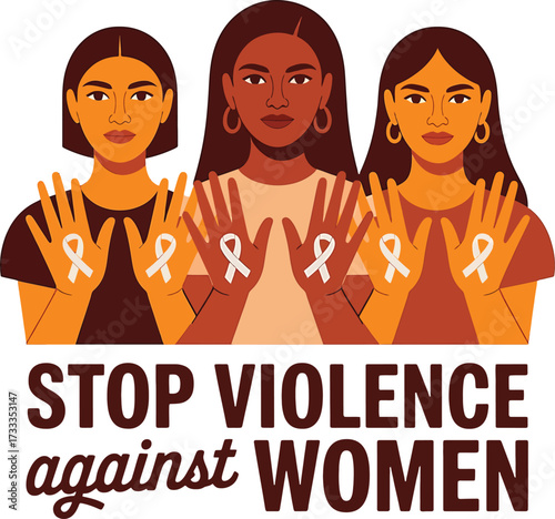 Stop Violence Against Women illustration with diverse women holding white ribbons female diversity