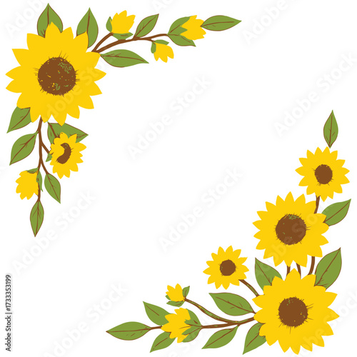 Bright yellow sunflowers with green leaves in corner arrangements Keywords: sunflower, floral, border, corner