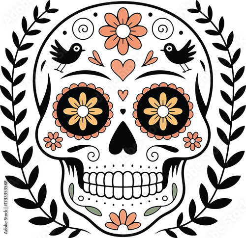 Sugar Skull Dia De Los Muertos Skull Decorated With Flowers Birds And Leaves mexican culture