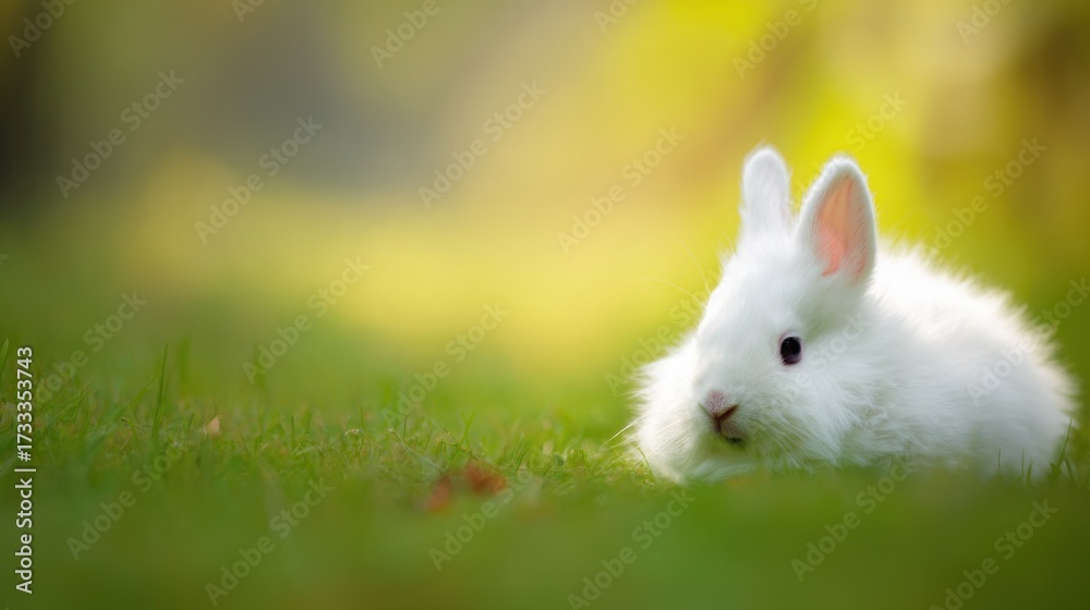 Fototapeta premium rabbit. A fluffy white rabbit rests on a spring meadow, surrounded by blurred green grass and soft natural light. wildlife magazines.