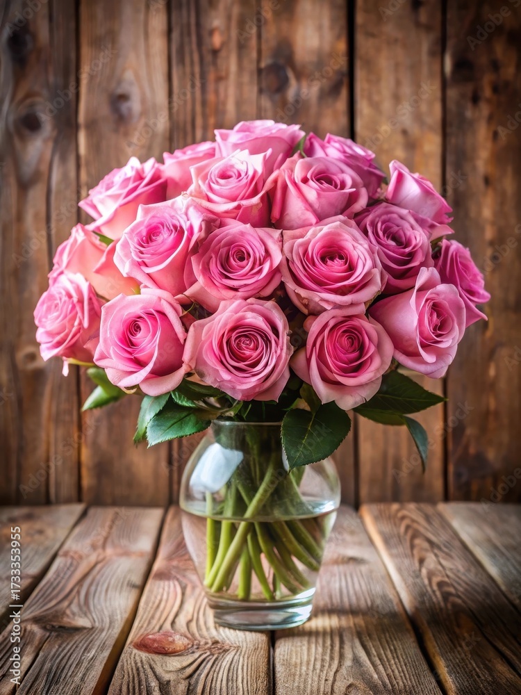 Fototapeta premium Pink rose bouquet arrangement on a wooden table