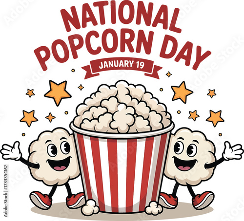 Two happy popcorn characters in front of a large bucket of popcorn for National Popcorn Day Keywords: National Popcorn Day, January 19, popcorn