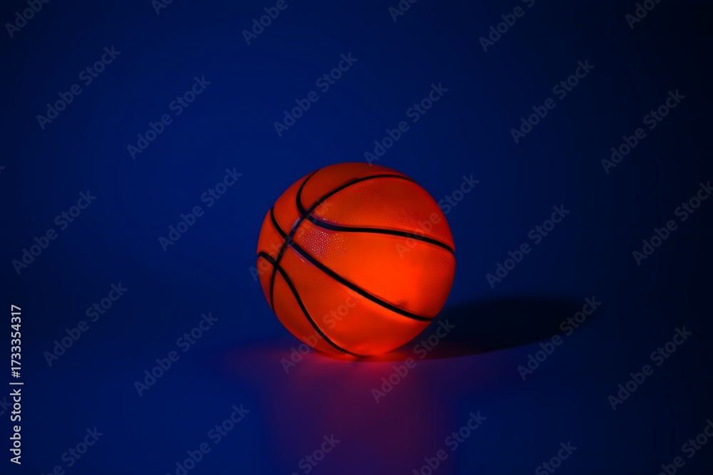 Fototapeta premium A vibrant basketball illuminated against a dark blue backdrop casting a subtle shadow on the surface