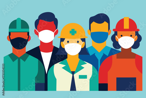 Diverse Essential Workers Wearing Face Masks, Including Construction, Doctor, and Other Frontline Professions