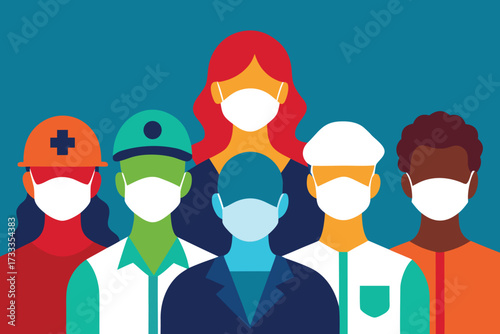 Diverse Group of Essential Workers Wearing Face Masks, Illustration on Blue Background
