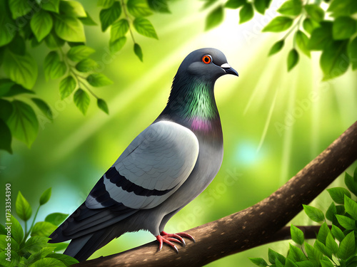 A majestic pigeon perched on a tree branch amidst vibrant green foliage and sunbeams