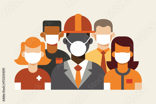 Diverse Group of Essential Workers Wearing Face Masks, Including Nurse, Engineer and Business Professionals