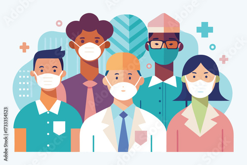 Diverse Group of Healthcare Workers Wearing Face Masks Illustration, Presentation