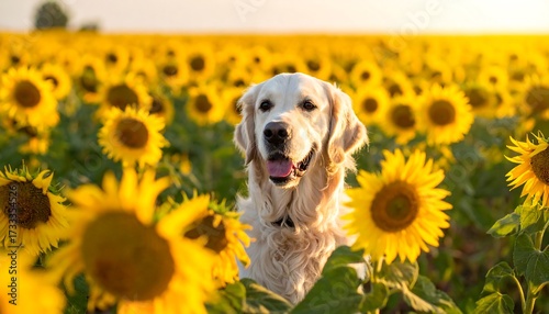Smiling light-furred dog in a field of vibrant yellow sunflowers, bathed in warm sunlight