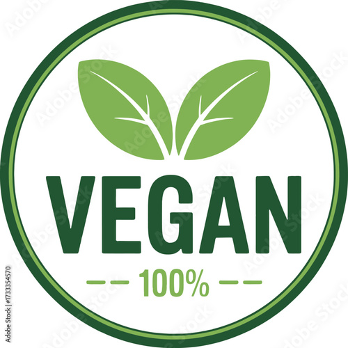Vegan 100 Percent Certified Emblem with Green Leaves and Circle Border logo