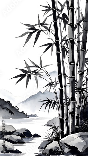 Black and white bamboo landscape painting