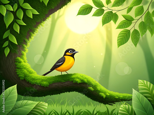 Vibrant yellow and black bird perched on a mossy tree branch in a sunlit forest