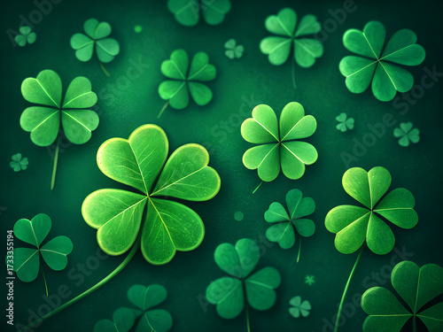 Vibrant green four leaf clovers scattered across a dark textured background representing luck and good fortune
