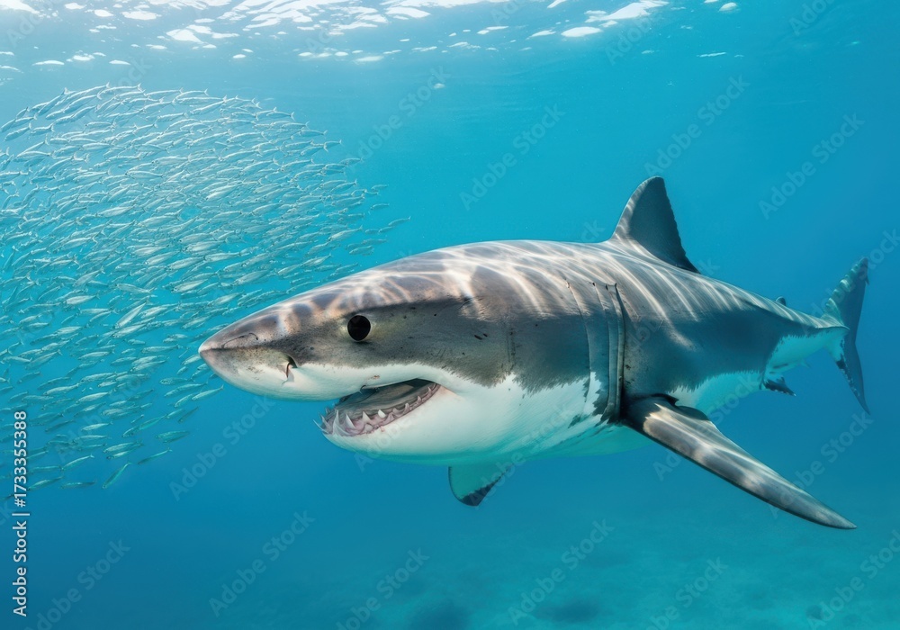 Obraz premium Majestic great white shark swimming gracefully through crystal clear ocean waters underwater