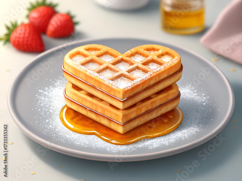 Stack of delicious heart shaped waffles drizzled with golden honey and sprinkled with powdered sugar
