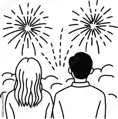couple watching fireworks illustration on transparent background