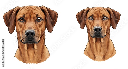 Two rhodesian ridgeback dog portraits on white background studio style