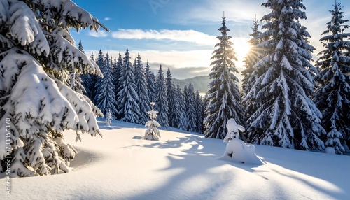 Snow-covered fir trees in a sunlit winter landscape, casting long shadows. Bright sky