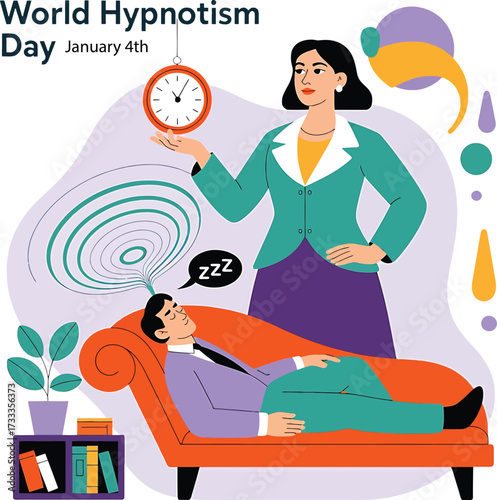World Hypnotism Day illustration with a hypnotist and a patient on a couch January 4th