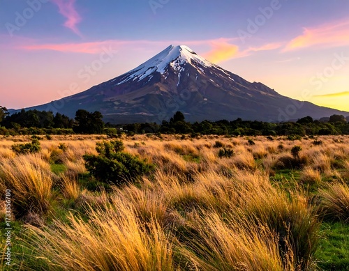 Snow-capped mountain stands tall over golden fields under a vivid sunset with pink and blue hues