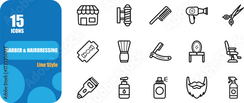 A line style icon set of 15 barber and hairdressing tools, including barber shop, pole, comb, hair dryer, scissors, razor blade, shaving brush, straight razor, mirror, barber chair, clipper, lotion, s