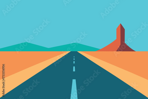 Minimalist Desert Road Trip Flat Illustration of a Highway Landscape and Landmarks