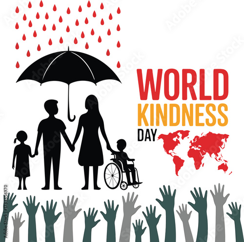 World Kindness Day Family Under Umbrella With Raised Hands And World Map compassion empathy
