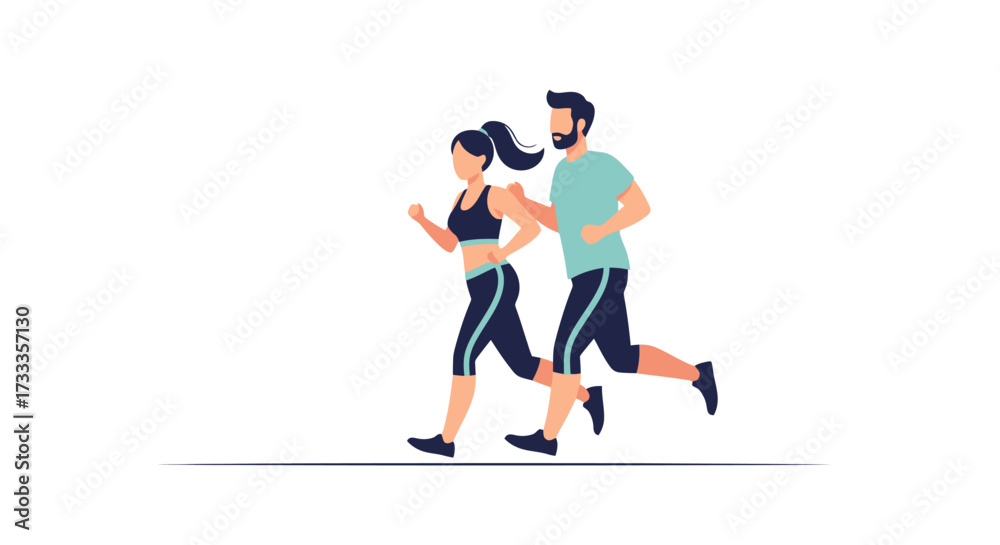 Fototapeta premium Energetic Couple Running Together Illustration, Ideal for Fitness Campaigns, Wellness Programs, and Promoting Healthy Lifestyle Choices through Visual Storytelling