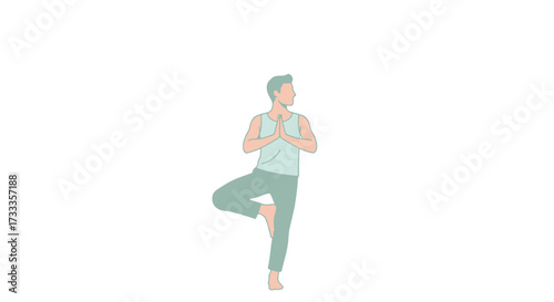 Serene Man Performing Tree Pose Yoga, Promoting Mindfulness, Fitness, and Mental Well-being for Health and Wellness Projects