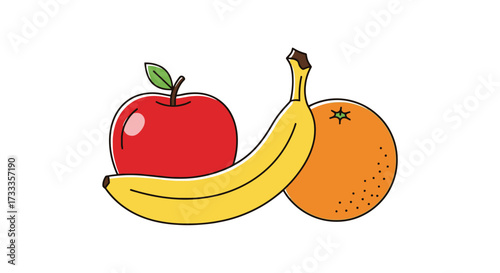 Vibrant Apple, Banana, and Orange Illustration for Promoting Healthy Eating Habits and Nutritional Awareness in Educational Materials and Health Campaigns.