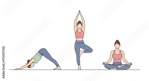 Yoga Poses Illustration Depicting Downward Dog, Tree Pose, and Lotus Position for Health, Wellness, and Fitness Content Creation