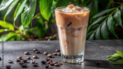 Creamy milk swirling in a tall glass of iced coffee with ice cubes floating on top