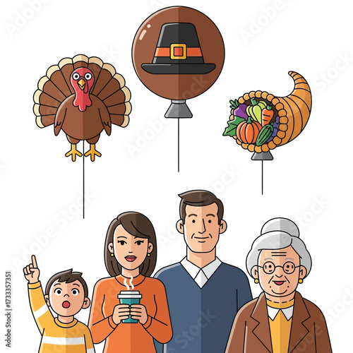 Cartoon family portrait with Thanksgiving themed balloons: a turkey, pilgrim hat, and cornucopia.