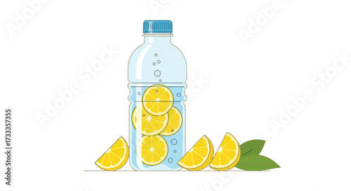 Refreshing Lemon Infused Water Bottle Illustration Depicting Hydration and Healthy Lifestyle Choices. Ideal for showcasing wellness, detox, or healthy drink promotions