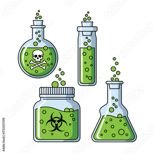 Four glass containers filled with green liquid, one with a skull and crossbones, another with a biohazard symbol.