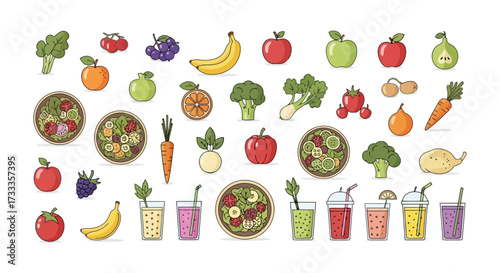 Vibrant and Nutritious Fruit and Vegetable Illustration for Healthy Eating, Recipe Development, and Wellness Campaigns on Adobe Stock.