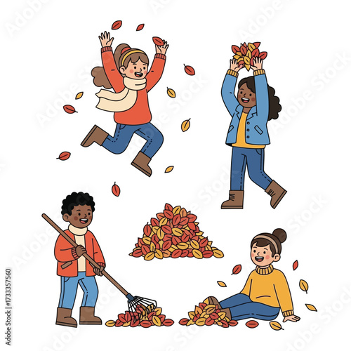 Children joyfully playing with autumn leaves, raking, and celebrating the season's colors.