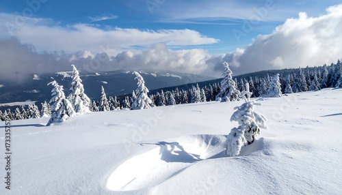 Snowy mountain landscape featuring frozen evergreen trees against a partly cloudy, blue sky