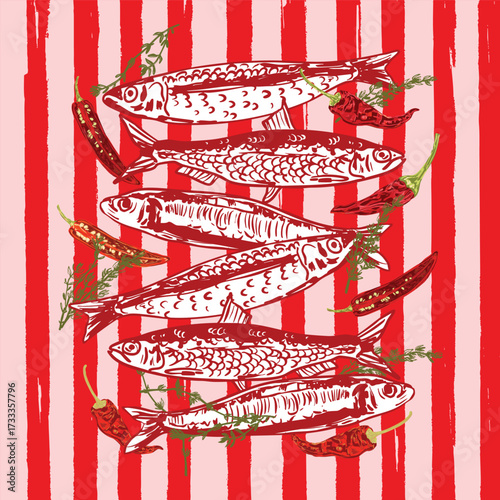 Hot and Spicy Sardines Vintage Poster Illustration