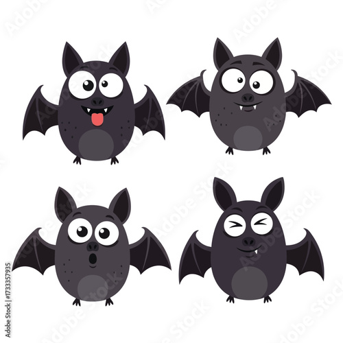 Four cartoon bats with different expressions, including sticking out tongue, surprised, winking, and goofy.