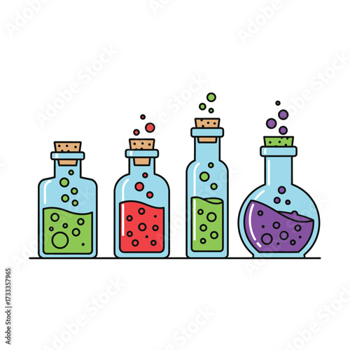 Four glass bottles filled with colorful liquids, each stoppered with corks and emitting bubbles, in a flat vector illustration.