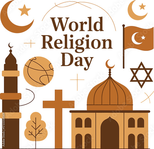 World Religion Day illustration with symbols of different faiths and places of worship diversity unity