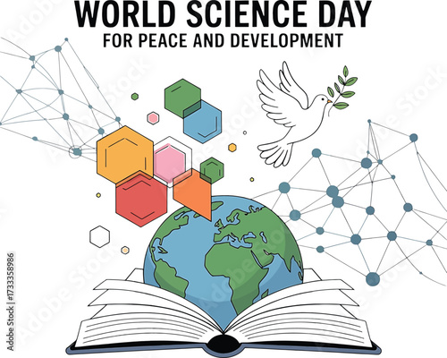 World Science Day for Peace and Development with globe and open book technology