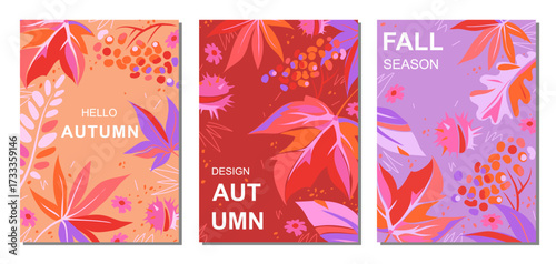 Set of autumn vertical posters with bright leaves, flowers and berries.  Maple leaves, acacia, oak, rowan berries and chestnut fruits. Fall background in red, pink and purple colors. Vector template.