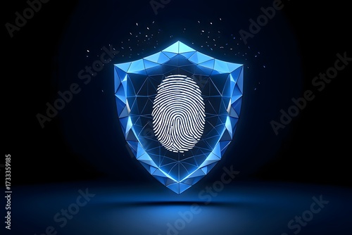 A glowing fingerprint inside a geometric shield on a dark background security concept design