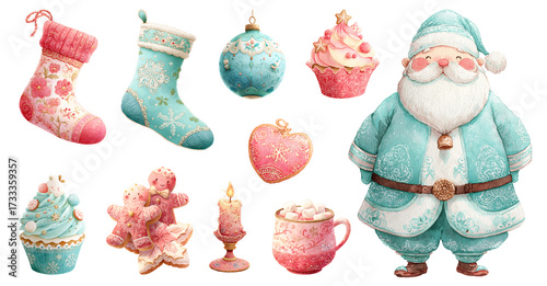 A set of Christmas watercolor illustrations for scrapbooking, stickers, invitations, and greeting cards.